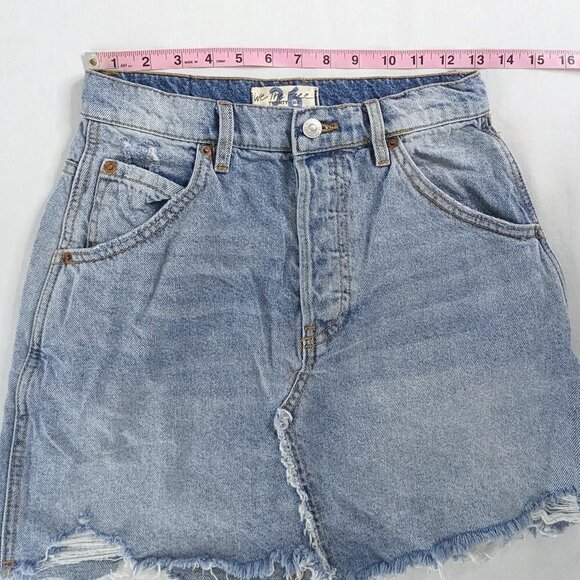 We The Free Light Wash Denim Raw Hem Cut Off Mini Skirt - Picture 7 of 8